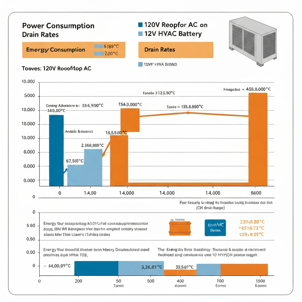 Power consumption comparison chart showing 120V rooftop AC versus 12V HVAC battery drain rates