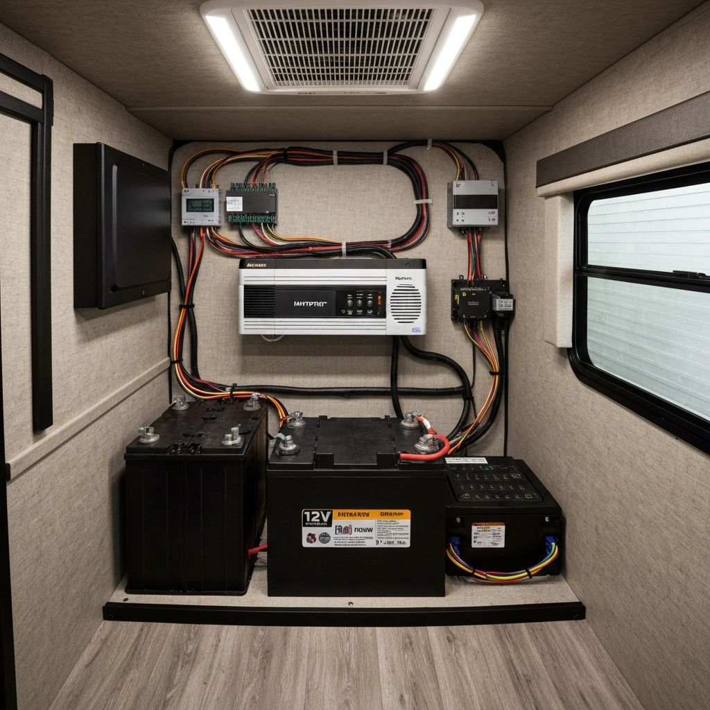 Professional 12V HVAC system installation showing battery bank, inverter, and climate control unit in RV