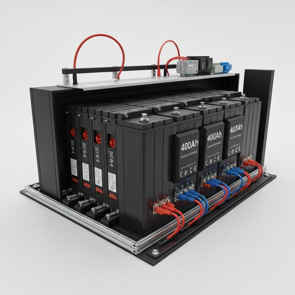 Professional lithium battery bank installation showing 400Ah capacity with BMS and proper cable sizing