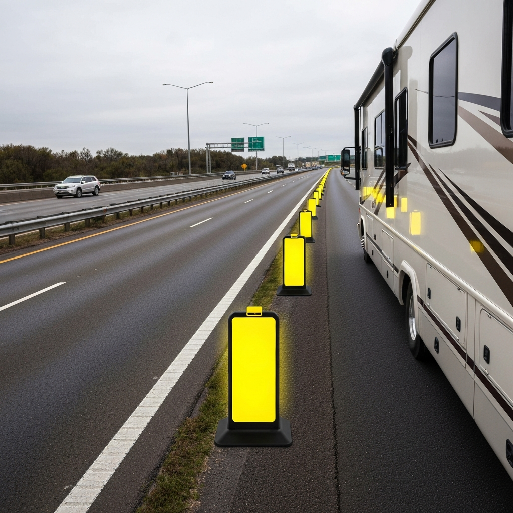 Safe RV Routes: Route Safer, Drive Calmer, Arrive Happy 6 RV maintaining safe following distance on highway with visual markers for increased stopping distance