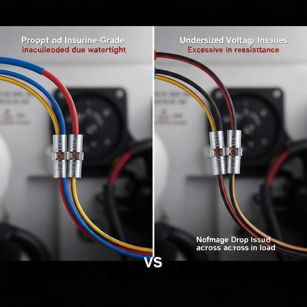 Side-by-side comparison showing proper marine-grade wiring installation versus undersized wire with voltage drop issues