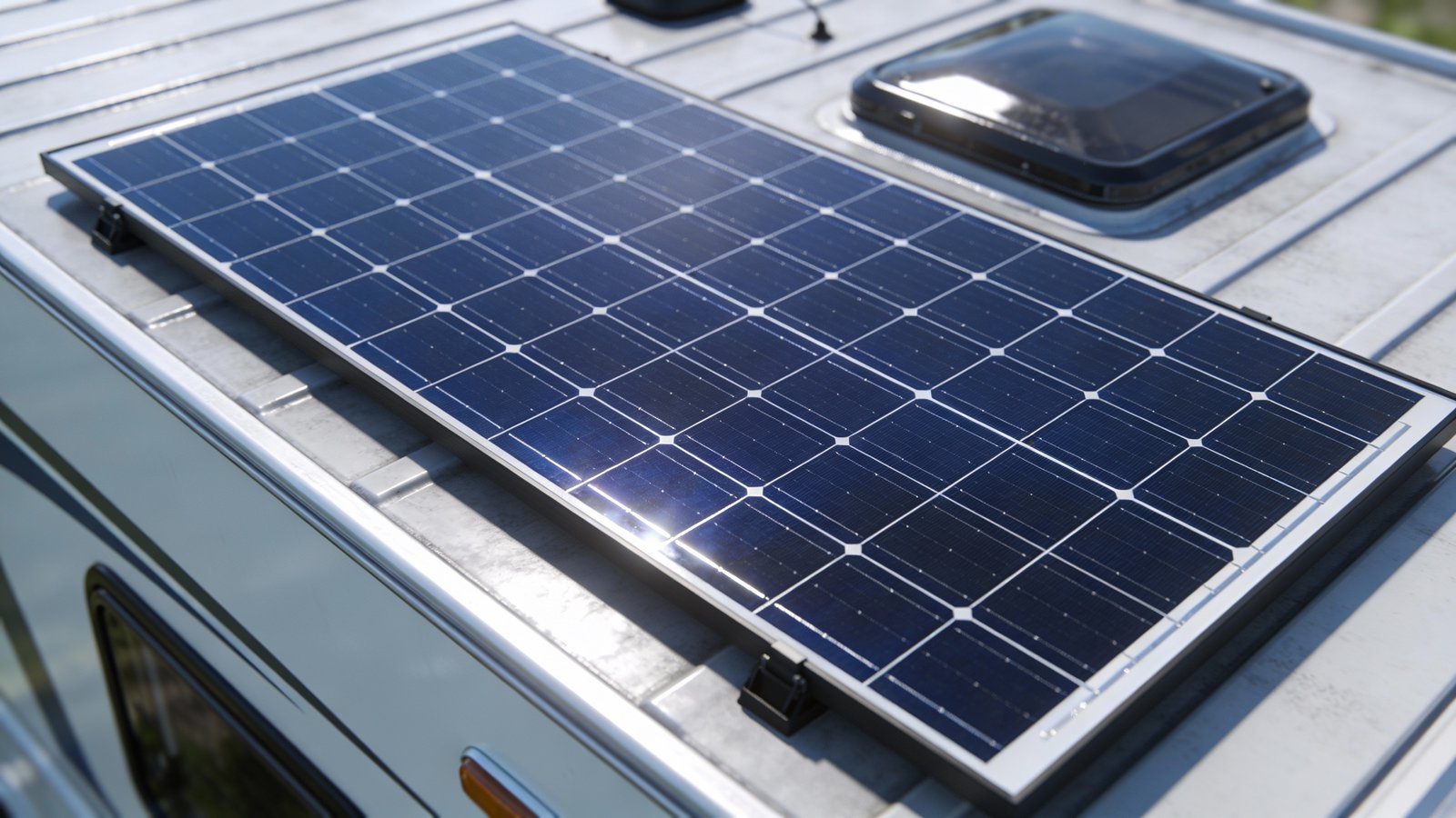 **Closeup of a sleek monocrystalline solar panel on a camper van roof**