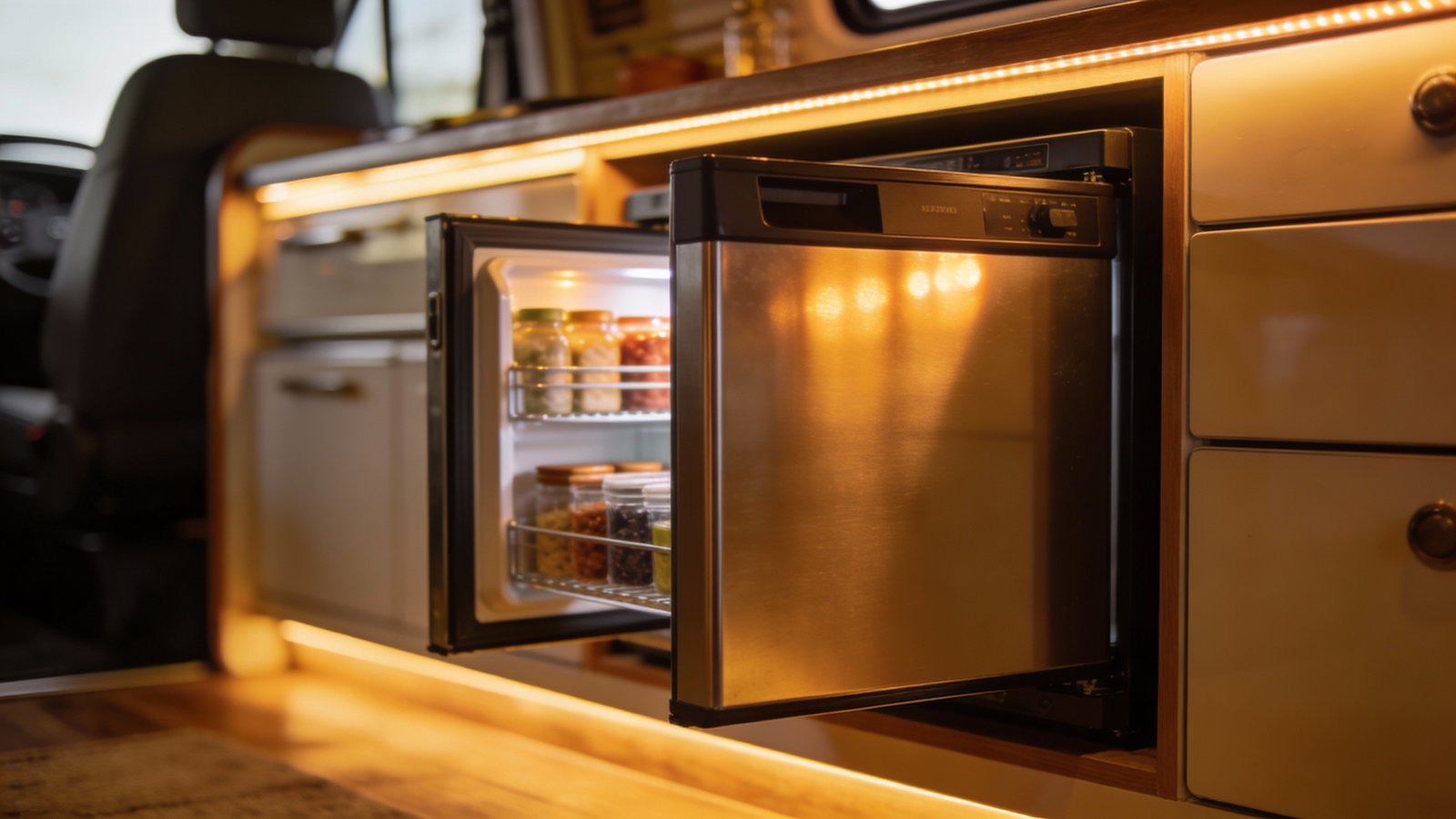**Compact camper van fridge illuminated by warm interior lighting**