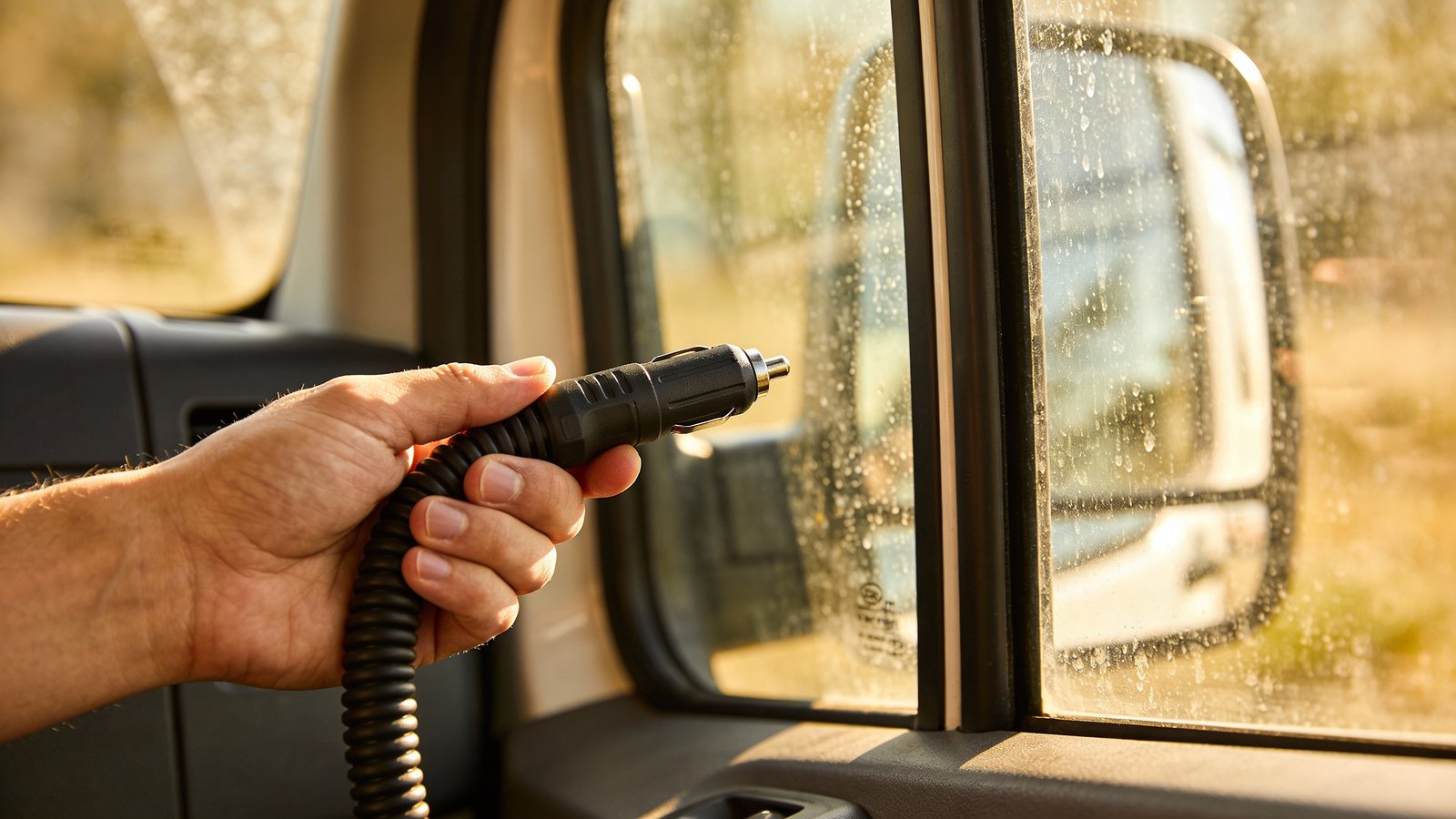 **Hand holding a coiled 12V USB charger near a van window**Each prompt focuses on a key element from the article while maintaining professional, high-detail photography standards.