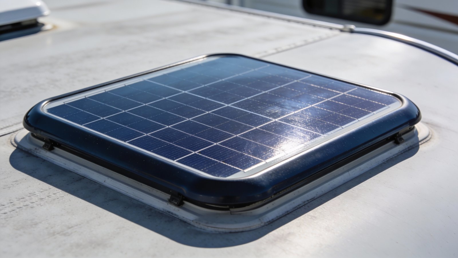 **Closeup of monocrystalline solar panel on RV roof**