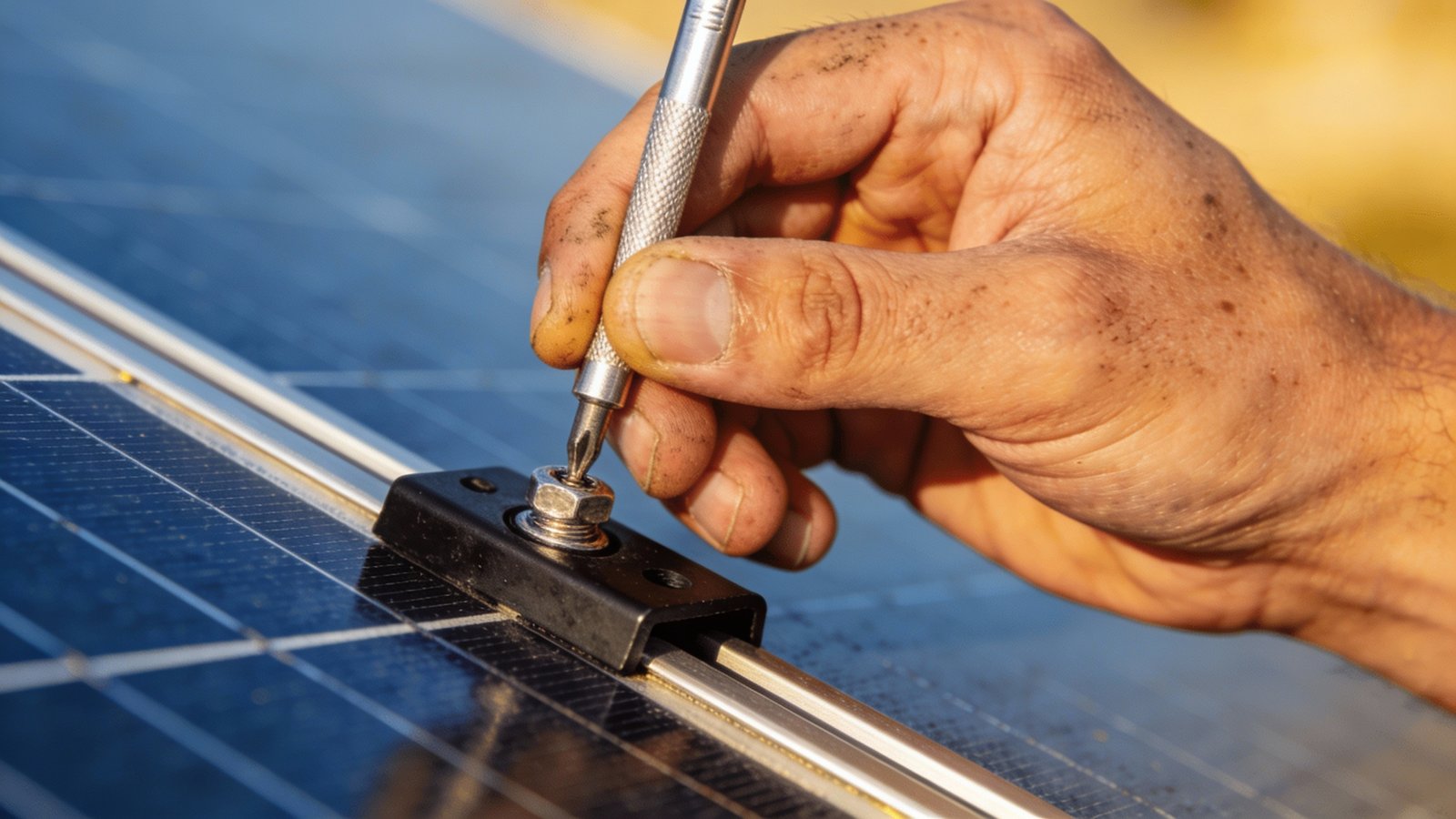 **Hand tightening mounting bracket screw on solar panel**