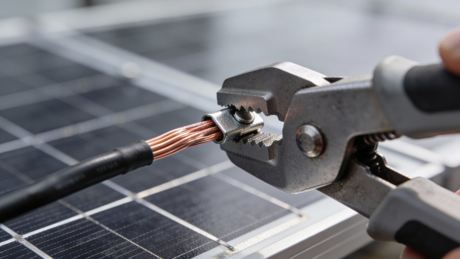 **Closeup of solar panel wiring with crimping tool**