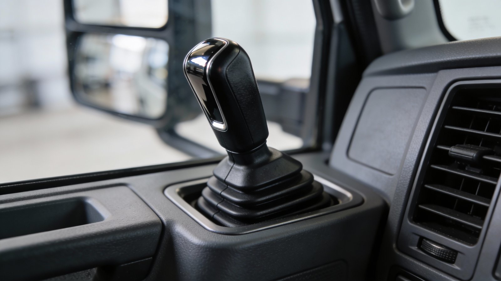 **Closeup of a sleek black brake controller mounted in a truck**
