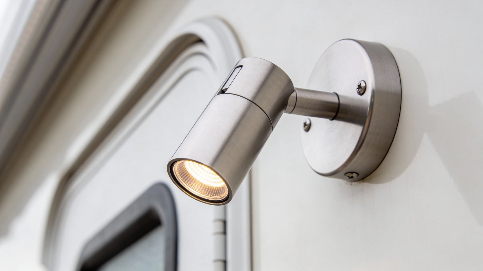 **Closeup of sleek 12V LED reading light mounted on RV wall**