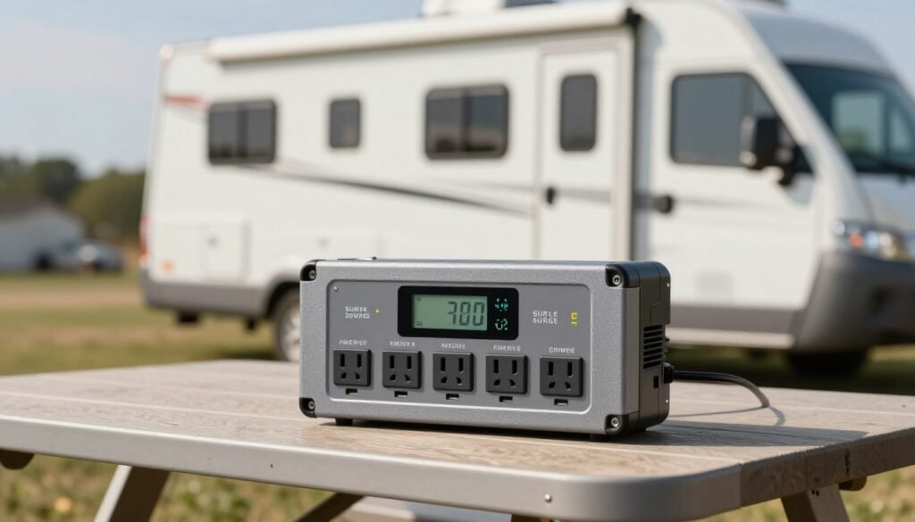 A detailed close-up of an RV surge protector with a digital display, showcasing its multiple outlets and clearly labeled amperage settings. The protector should be set against a backdrop of an RV campsite, with a soft focus on an RV in the background, emphasizing a sunny day. The foreground features the surge protector on a well-maintained picnic table, with natural light illuminating its sleek design, highlighting the digital display that shows real-time voltage and amperage readings. Use a slightly low angle for an engaging perspective, enhancing the sense of reliability and safety that this equipment provides. The atmosphere should convey a sense of peace and security, perfect for RV enthusiasts looking to protect their vehicles.
