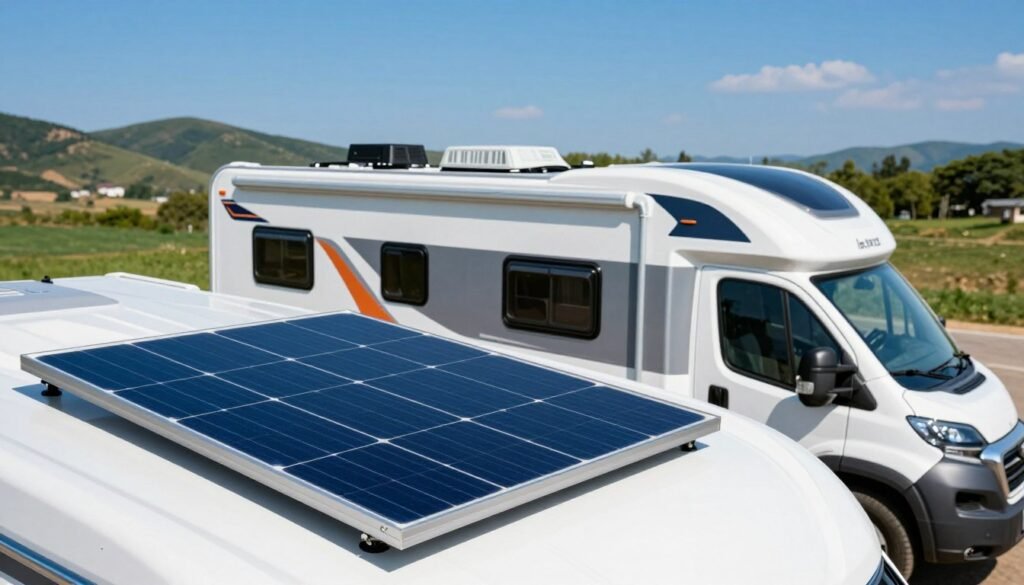 A sleek RV parked under a bright blue sky, showcasing a solar panel mounted on its roof. The foreground features the rooftop solar panel, reflecting sunlight, with distinct solar cells visible. In the middle ground, the RV is shown at an angle that emphasizes its modern design and solar setup. The background includes a scenic landscape of green hills and distant trees, conveying a sense of adventure and eco-friendliness. The lighting is bright and natural, enhancing the vibrancy of the scene. The image captures a professional atmosphere, evoking the practicality and innovation of solar energy in RV travel.