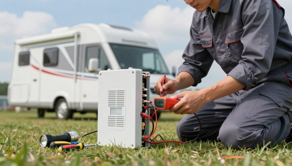 An outdoor scene focused on a professionally dressed technician inspecting an RV surge protector. The technician is kneeling next to the surge protector, examining its connections and wiring with a multimeter in hand. In the foreground, tools are neatly arranged, including screwdrivers and a flashlight, showcasing a sense of order and diligence. In the middle ground, the RV is parked on a grassy area, with a clear blue sky and fluffy white clouds creating a serene backdrop. Soft natural lighting accentuates the details of the surge protector, highlighting its robust casing and the vibrant colors of the RV. The atmosphere is calm and focused, evoking a sense of security and professionalism in maintaining electrical systems.