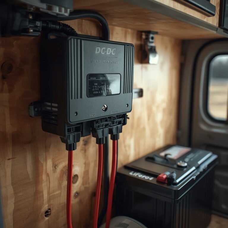 DC to DC charger vs battery isolator: a DC to DC charger wired to a lithium house battery in a camper