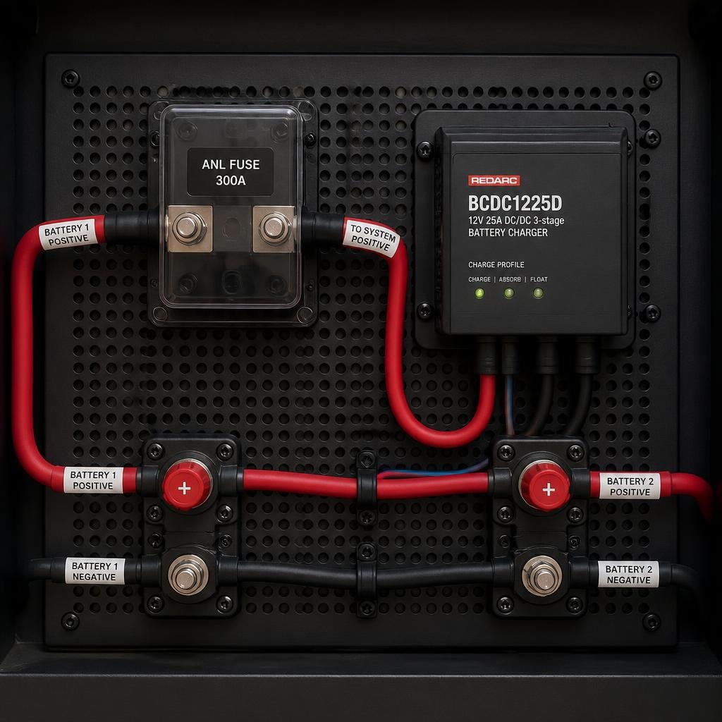 DC to DC Charger vs Battery Isolator: Which One Does Your RV Need? 3 Fused DC to DC charger installation with ANL fuse block, the upgrade in the DC to DC charger vs battery isolator choice