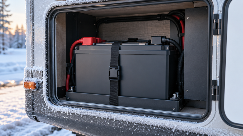 RV Lithium Battery Cold Weather Charging: 7 Essential Checks 1 RV lithium battery cold weather charging setup with a secured house battery and covered terminals