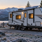 Travel trailer with rooftop solar panels at a frosty mountain campground