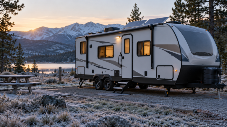 RV Lithium Battery Cold Weather Charging: 7 Essential Checks 1 Travel trailer with rooftop solar panels at a frosty mountain campground