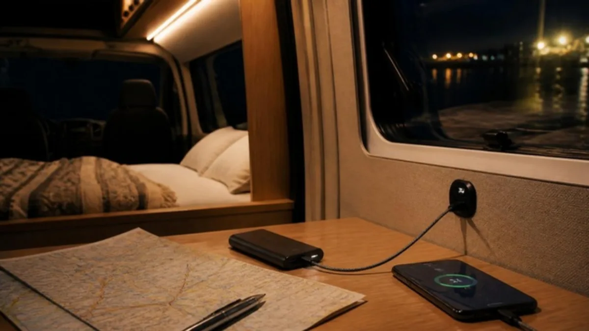 Satellite Texting for RVers: The Essential Safety Guide (2026) 3 Smartphone charging from a 12V USB-C outlet next to a power bank and paper road map inside a camper van at night