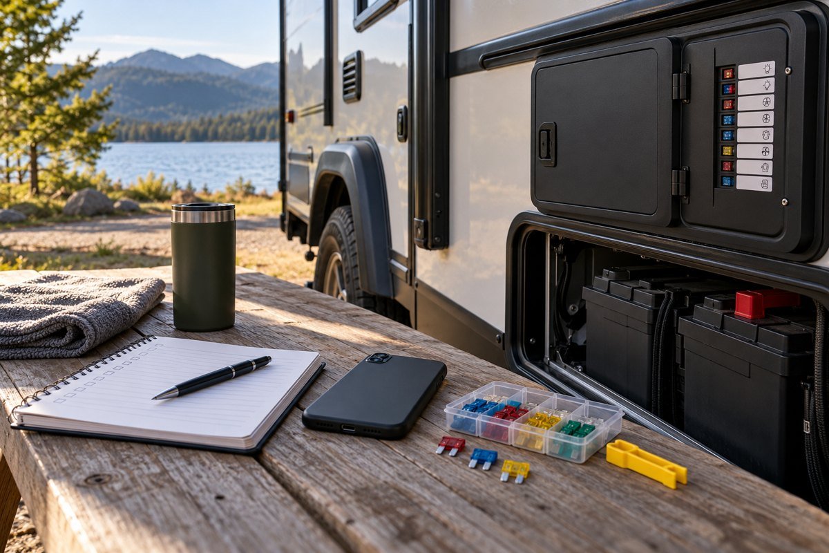 RV battery drains with disconnect off: notebook and spare fuses beside an RV battery compartment