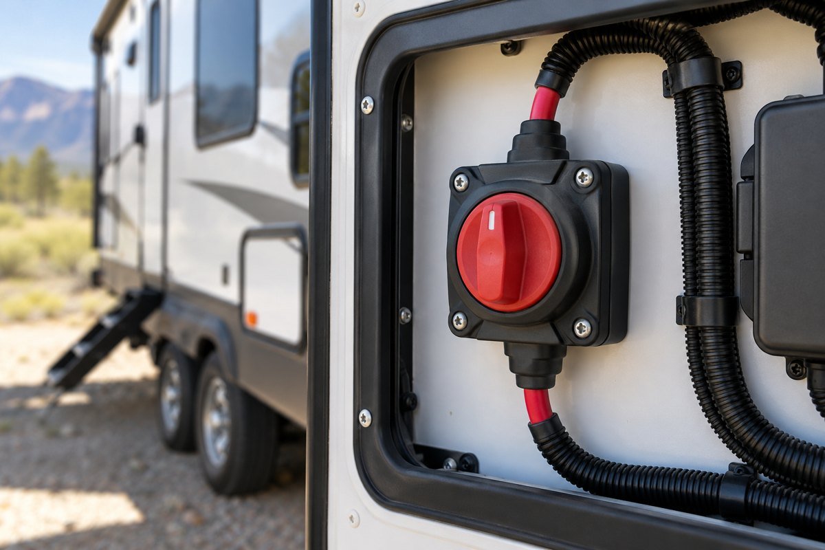 RV battery drains with disconnect off: rotary battery disconnect switch in an RV service compartment