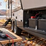 RV battery drains with disconnect off: battery compartment and diagnostic tools at an autumn campsite