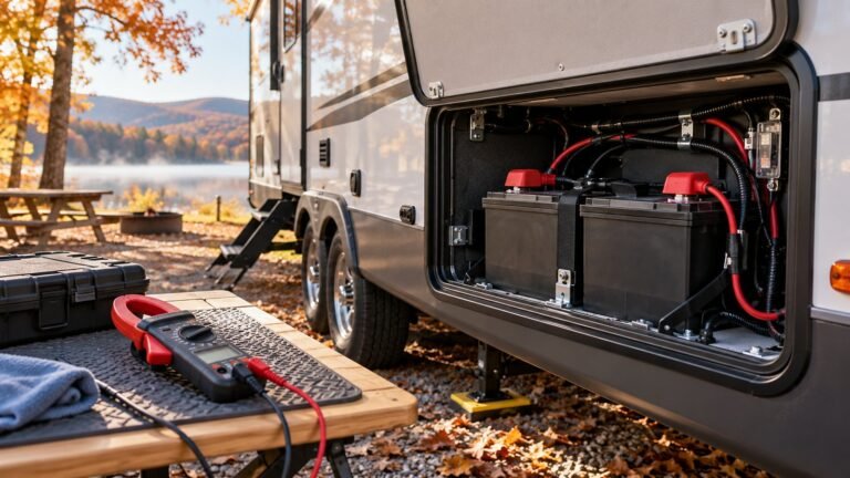 RV Battery Drains With Disconnect Off? 7 Checks 1 RV battery drains with disconnect off: battery compartment and diagnostic tools at an autumn campsite