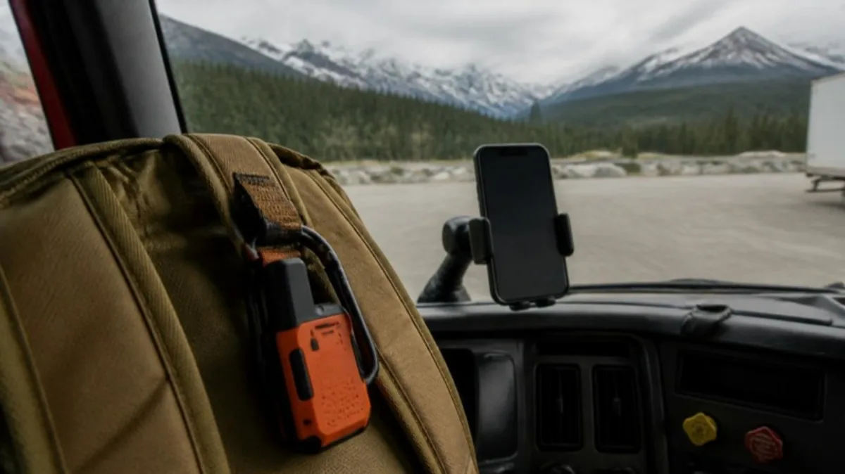 Satellite Texting for RVers: The Essential Safety Guide (2026) 2 Orange handheld satellite messenger clipped to a backpack in a truck cab, with a smartphone mounted on the dashboard