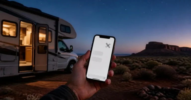 Satellite texting for RVers: a hand holds a smartphone toward the night sky beside a motorhome at a desert boondocking site