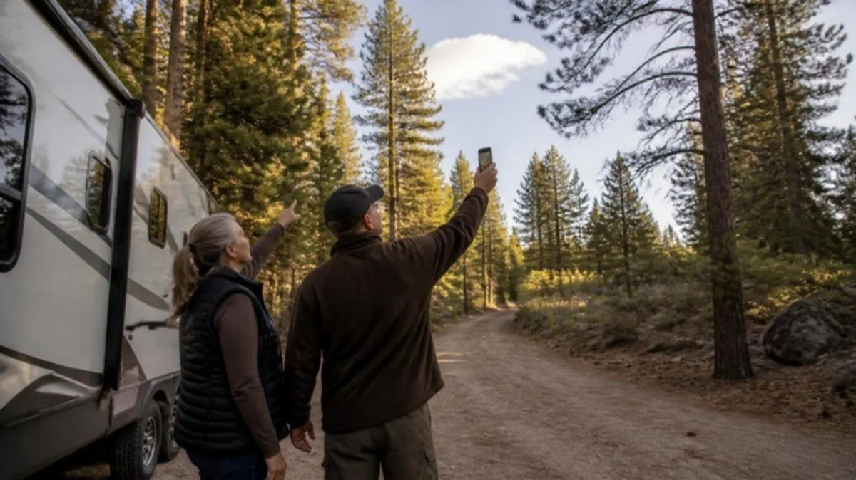 Satellite Texting for RVers: The Essential Safety Guide (2026) 1 RV couple on a forested dirt road holding a phone up toward an open patch of sky to connect for satellite texting